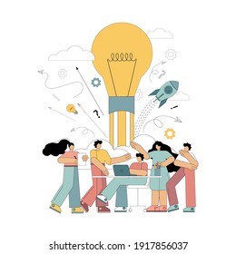 Brainstorming, Sharing Business Ideas, Collaborating. Little People, Thinking About An Idea, A Job, A Plan. Vector Flat Illustration On White Background