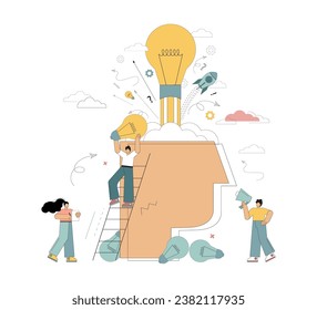 Brainstorming, sharing business ideas, collaborating. Little people thinking about an idea, a job, a plan. Vector flat illustration