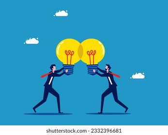 Brainstorming or sharing knowledge. business people sharing light bulbs.