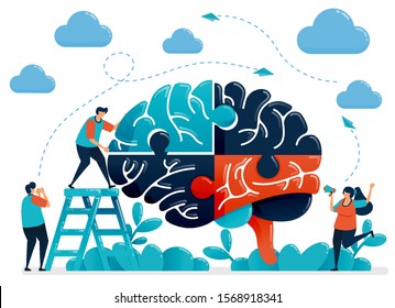 Brainstorming to solve brain puzzles. Metaphor for teamwork and collaboration. Intelligence in handling challenges and problems. Vector illustration, graphic design, card, banner, brochure, flyer