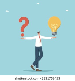 Brainstorming to solve business problems, creativity and intelligence to create new ideas and opportunities, thought process and logic to achieve goals, man holds question mark and light bulb in hands