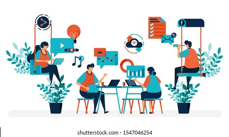 Brainstorming to solve problem. Startup office with swing. Modern workplace or coworking space. Play and work. Flat vector illustration for landing page, web, website, banner, mobile, flyer, poster