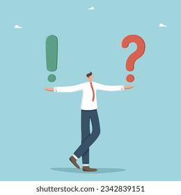 Brainstorming for solving business problems, questions and answers, FAQ, frequently asked questions, thought process and logic for solving work tasks, man holds on hands exclamation and question marks