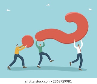 Brainstorming for solving business problems, questions and answers, FAQ, frequently asked questions, thought process and logic for solving work tasks, аnalysis of competitors, men carry question mark.