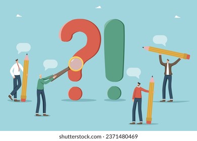 Brainstorming für die Lösung von Geschäftsproblemen, Fragen und Antworten, FAQ, Gedankenprozess und Logik zur Lösung von Arbeitsproblemen, Konkurrenzanalyse, Geschäftsleute neben Fragen und Ausrufezeichen.