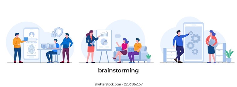 inicio de lluvia de ideas, colaboración, negocio de presentación, discusión, plantilla de vector de ilustración plana de comunicación