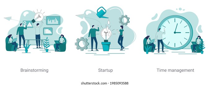 Brainstorming, startup, and time management.A set of vector illustrations on a business theme.Abstract illustrations in green color.