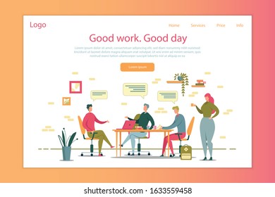 Brainstorming, Students Team Generating Ideas, Habing Discussion Flat Cartoon Banner Vector Illustration. Teamwork Staff Sitting at Table and Working on Laptop. Good Work, Good Day Landing Page.