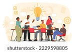 Brainstorming Team Concept. Business People Discussing Idea on Board Meeting in Office. Teamwork Project Development Process. Employees Work on Laptops and Communicate. Cartoon Vector Illustration