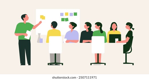 Brainstorming Team Concept. Business People Discussing Idea on Board Meeting in Office. Teamwork Project Development Process. Employees Work on Laptops and Communicate. Vector Illustration