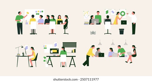 Brainstorming Team Concept. Business People Discussing Idea on Board Meeting in Office. Teamwork Project Development Process. Employees Work on Laptops and Communicate. Vector Illustration
