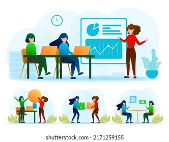 Brainstorming. Das Team diskutiert über neues Projekt. Geschäftsteam bringt neue Ideen zum Erfolg. Holen Sie sich neue Idee und Lösung Problem Cartoon Vektorgrafik.