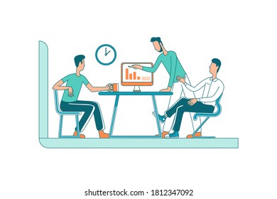 Brainstorming team flat color vector faceless characters. Colleagues on business meeting. Conference for project discussion. Startup isolated cartoon illustration for web graphic design and animation