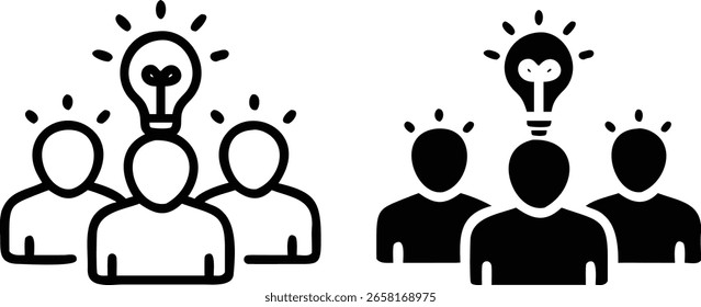 Brainstorming Team Icon Set - Símbolo de Pessoas de Lâmpada Preto e Branco para Ideia Criativa e Inovação