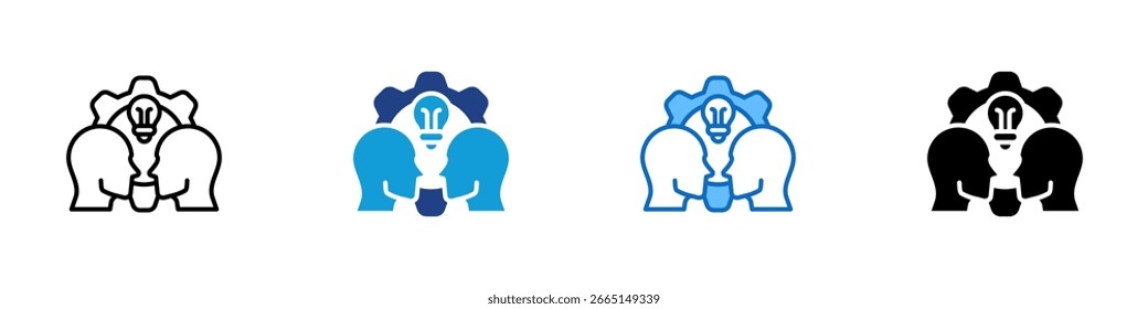 Brainstorming Team Multi Style Icon Vetor Design - Duas cabeças voltadas uma para a outra sob uma engrenagem com uma lâmpada, mostrando a geração de ideias colaborativas
