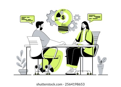 Brainstorming team web concept with flat cartoon people for website design. Colleagues discussing work tasks and generating new ideas, creating development strategy and vision. Vector illustration.