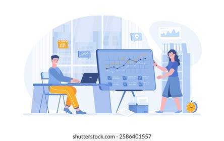 Brainstorming team working on projects, creating a new product. Colleagues discussion communication. Vector illustration with characters in flat design for web banner.