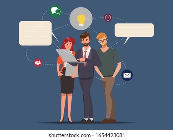 Brainstorming teamwork character. Business people teamwork office character. Animation for motion. Colleague seminar meeting. Co-working space office interior.