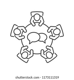 Ícone da reunião de negócios. Grupo de cinco pessoas sentadas em torno de uma mesa brainstorming e trabalhando juntos em novos projetos criativos. Design vetorial de linha de visão superior.