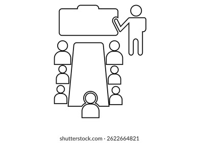 Brainstorming and teamwork clip art icon symbol. Business meeting. Discussion group. Debate team. Group of people in conference room sitting around a table working together on new creative projects.