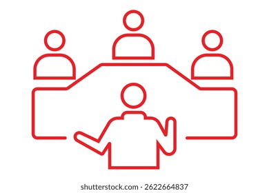 Brainstorming and teamwork clip art icon symbol. Business meeting. Discussion group. Debate team. Group of people in conference room sitting around a table working together on new creative projects.