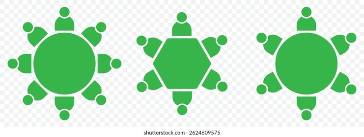Símbolo de ícone de clip-art de brainstorming e trabalho em equipe. Reunião de negócios. Equipe de debate. Grupo de discussão. Pessoas verdes na sala de conferência sentadas em torno de uma mesa trabalhando juntas em novos projetos criativos.EPS10