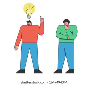 Brainstorming And Teamwork Concept. Businessmen Are Working Together, Thinking Of And Developing A New Project Or Startup. Business People Collection. Cartoon Outline Linear Flat Vector Illustration