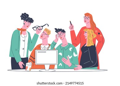 Lluvia de ideas y concepto de trabajo en equipo con colegas que discuten procesos de negocios y tareas en equipo. Gestión de procesos empresariales y proyectos, ilustración vectorial plana aislada en fondo blanco.