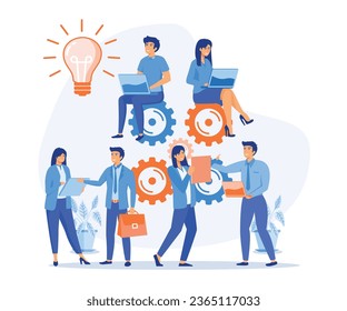  brainstorming and teamwork concept. Group of young business people collaborating,  thinking about creative idea,  flat vector modern illustration