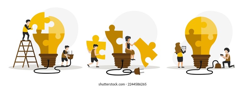 Brainstorming and teamwork concept. People work together like team. Characters make light bulb puzzle using ladder and scheme. Vector illustration in flat style