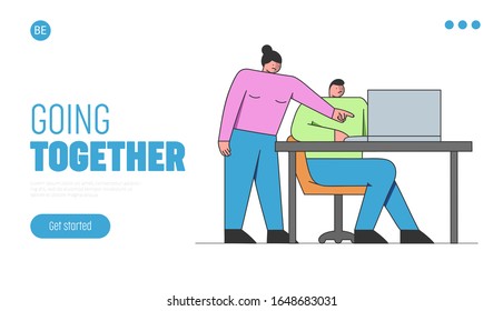 Concepto De Lluvia De Ideas Y Trabajo En Equipo.Página De Inicio Del Sitio Web.Personas Creativas Hombre Y Mujer Está Pensando Y Desarrollando Un Nuevo Proyecto O Startup.Página Web Esbozo De Dibujo De Un Vector Lineal Plano Ilustración