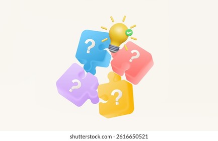 Brainstorming teamwork Development innovation new idea Jigsaw puzzle pieces with question mark partnership light bulb education learning successful business consulting. 3d vector illustration