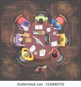 Brainstorming and teamwork as a group, view from above. Round table business meeting discussion of the project. Office plan in top view . Vector 