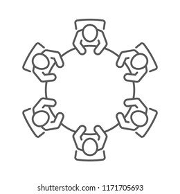 Brainstorming And Teamwork Icon. Business Meeting. Debate Team. Discussion Group. Group Of People In Conference Room Sitting Around A Table Working Together On New Creative Projects. 