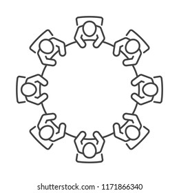 Brainstorming and teamwork icon. Business meeting. Debate team. Discussion group. Group of people in conference room sitting around a table working together on new creative projects. 