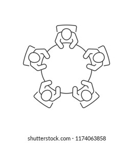 Brainstorming And Teamwork Icon. Business Meeting. Discussion Group. Debate Team. Group Of People In Conference Room Sitting Around A Table Working Together On New Creative Projects.