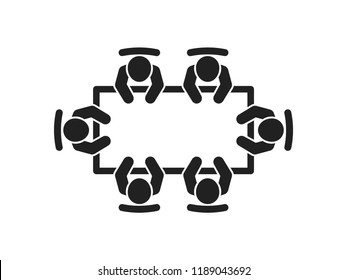 Brainstorming And Teamwork Icon. Business Meeting. Discussion Group. Debate Team. Group Of People In Conference Room Sitting Around A Table And Working Together On New Creative Projects.