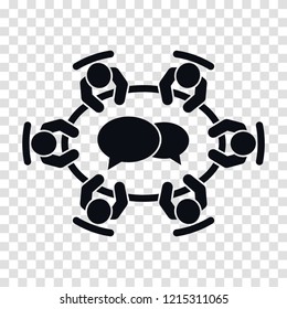 Brainstorming And Teamwork Icon. Business Meeting . Group Of Six People In Conference Room Sitting Around A Table Working Together On New Creative Projects. Flat Vector Design.