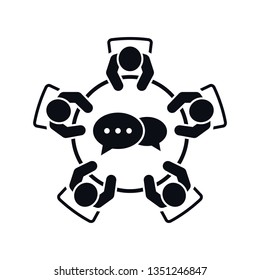 Brainstorming and teamwork icon. Business meeting. Group of five people in conference room sitting around a table working together on new creative projects. Flat vector design. 