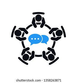 Brainstorming and teamwork icon. Business meeting. Group of five people in conference room sitting around a table working together on new creative projects. Flat vector design.