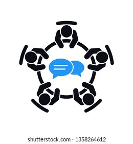 Brainstorming and teamwork icon. Business meeting. Group of five people in conference room sitting around a table working together on new creative projects. Flat vector design.