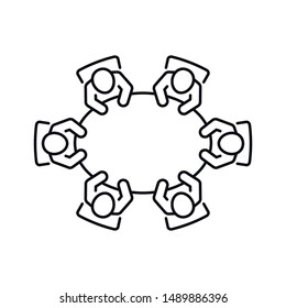 Brainstorming And Teamwork Icon. Business Meeting. Group Of Six People In Conference Room Sitting Around A Table Working Together On New Creative Projects. Line Vector Design.