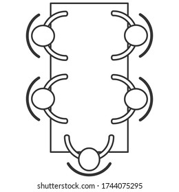 Brainstorming and teamwork icon. Business meeting. Group of  people in conference room sitting around a table working together on new creative projects. Line vector design.