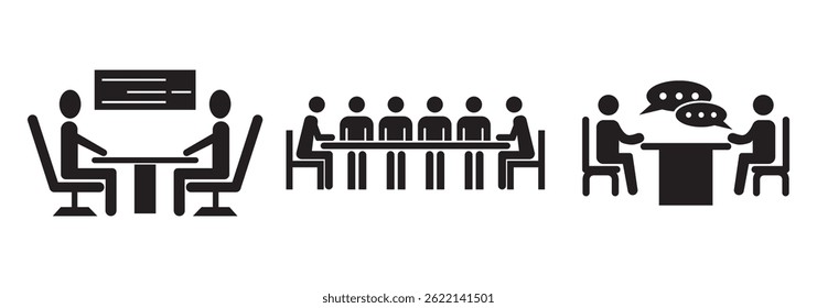 Brainstorming and teamwork icon. Business meeting. Debate team. Discussion group. People in conference room sitting around a table working together on new creative projects.