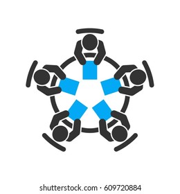 Brainstorming And Teamwork Icon. Business Meeting. Group Of Five People In Conference Room Sitting Around A Table Working Together On New Creative Projects. Flat Vector Design.