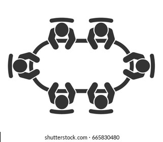 Brainstorming And Teamwork Icon. Business Meeting. Debate Team. Discussion Group. People In Conference Room Sitting Around A Table Working Together On New Creative Projects. Flat Vector Design.