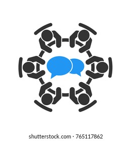 Brainstorming and teamwork icon. Business meeting. Debate team. Discussion group. People in conference room sitting around a table working together on new creative projects. Flat vector design.