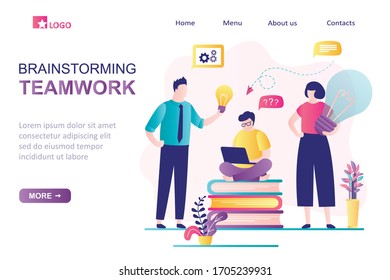 Brainstorming, teamwork landing page template, colleagues discuss new idea and solve business problems. Consulting service concept. Office work, group of business people. Trendy vector illustration
