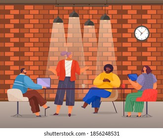 Brainstorming, teamwork, office workers, business office meeting, conference, people discussing business project or plan sitting at table with laptop, digital tablet, leader and partners team