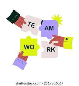 Brainstorming teamwork represented by three hands joining puzzle pieces that spell teamwork, symbolizing collaboration and success in achieving shared goals. Flat vector illustration.